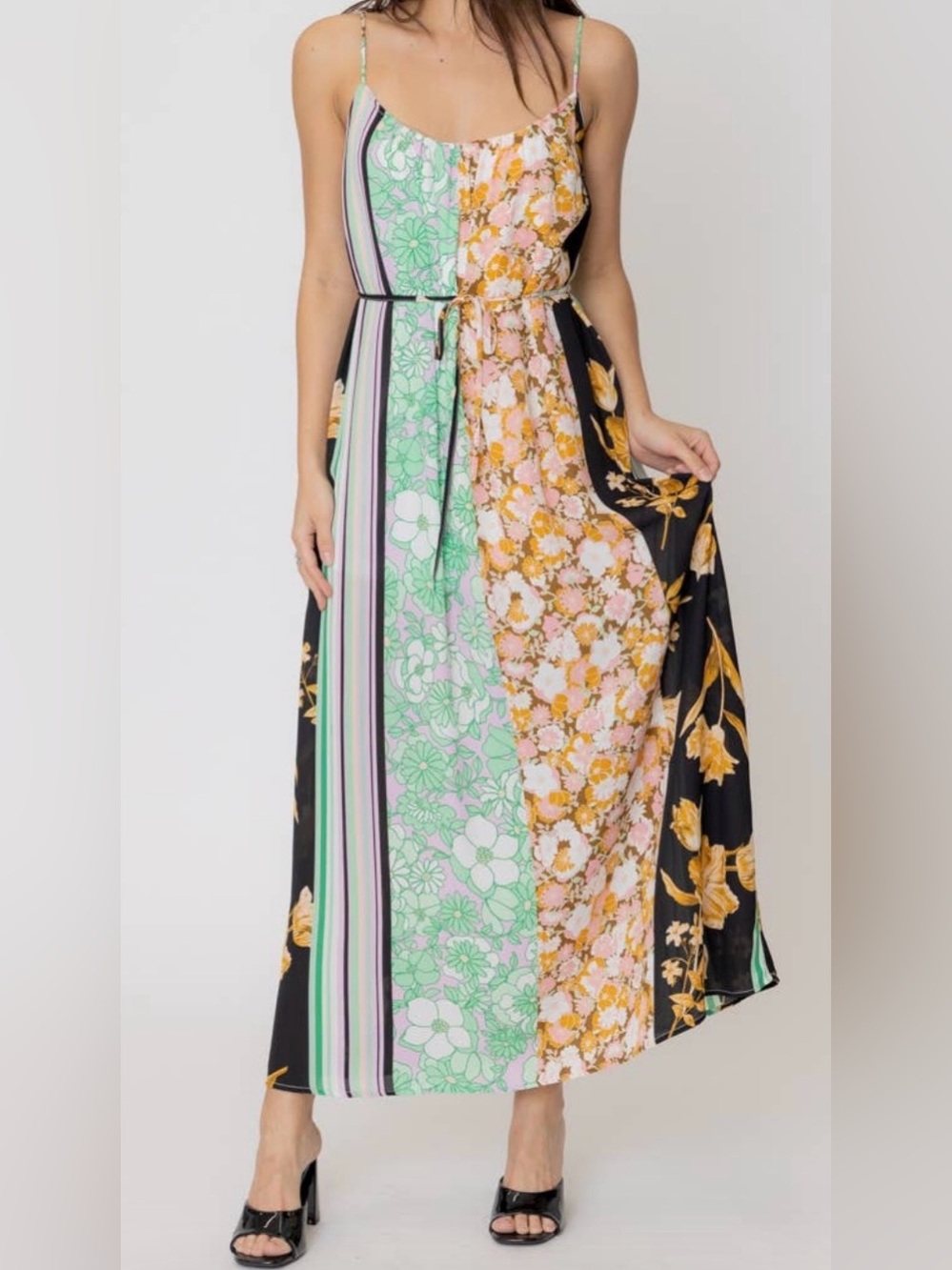 Encreme Floral Patchwork Maxi Dress in Multicolor Black Size Small NWT